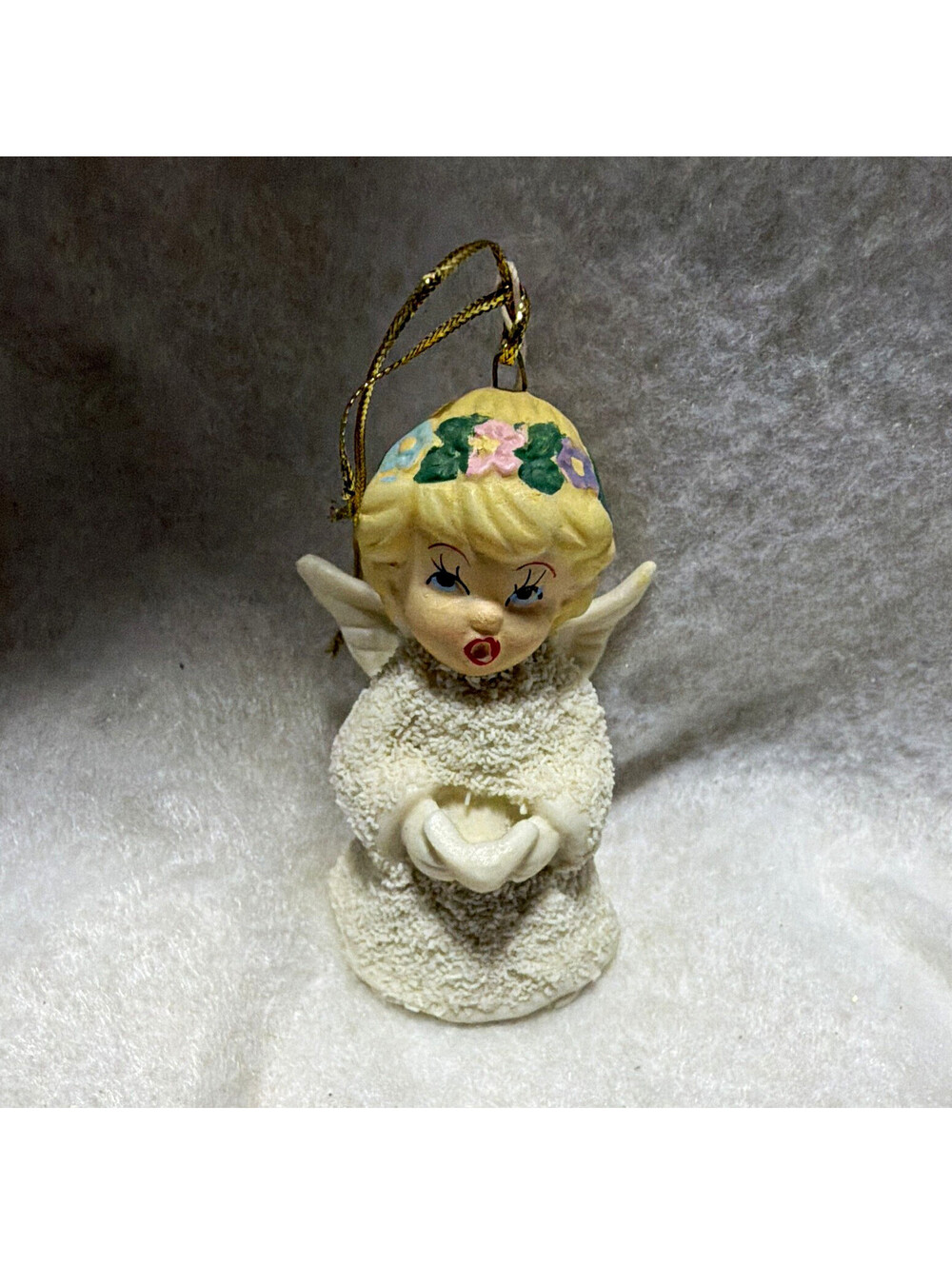 White Ceramic Angel Hanging Christmas Ornament Blonde Hair Floral Headband
